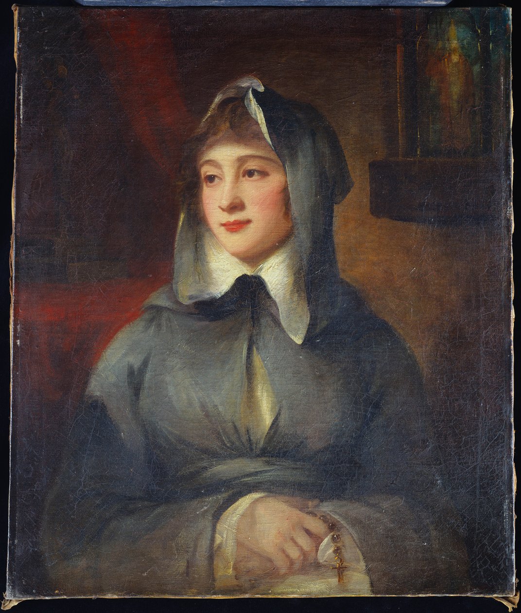 Porträt einer Dame, halbe Länge, als Nonne, hält einen Rosenkranz, bei einem Schrein im Inneren von George Romney