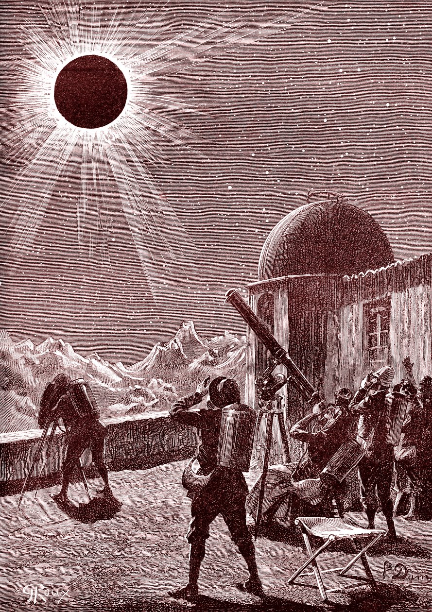 Entdecker in der afrikanischen Wüste betrachten die Sonnenfinsternis. 1888 (Stich) von George Roux