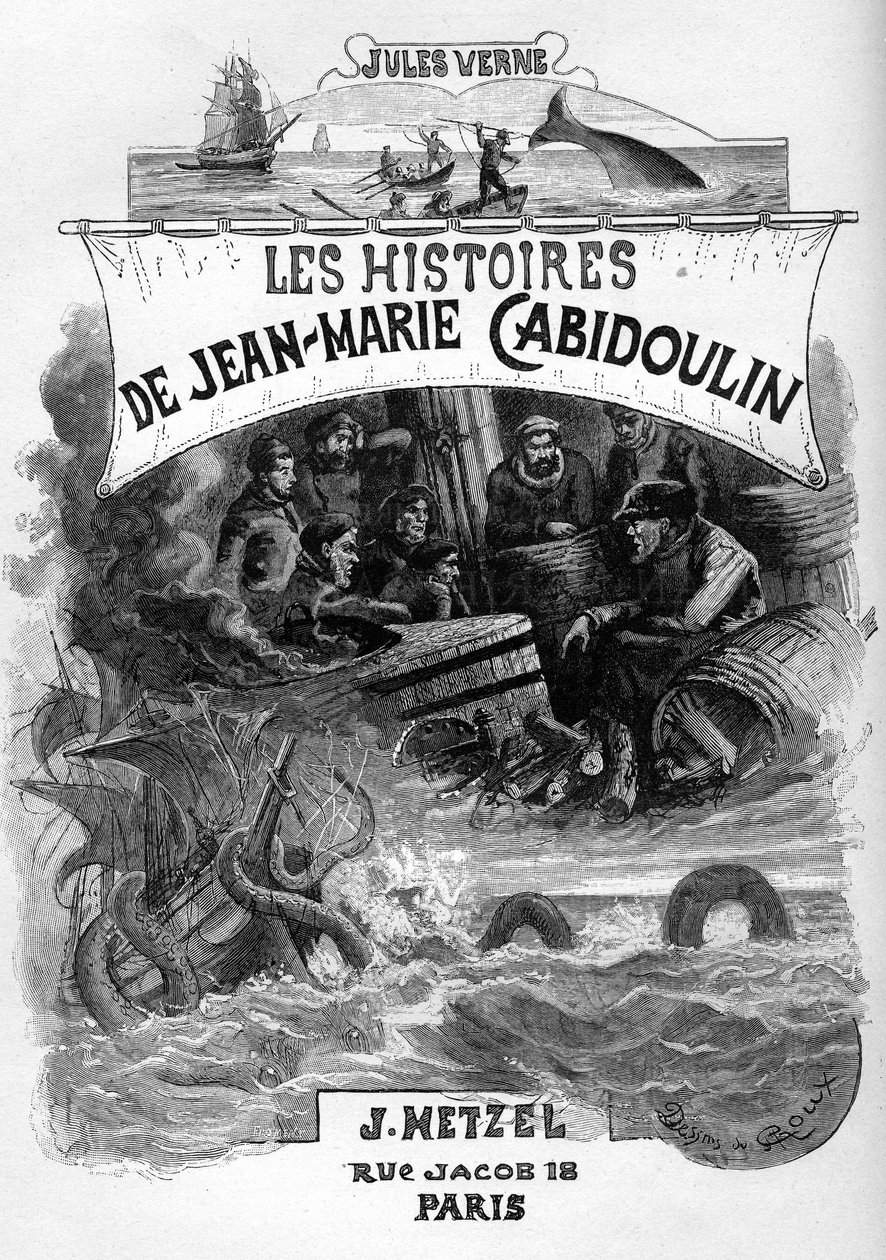 Frontispiz von Jules Vernes Roman „Les histoires de Jean-Marie Cabidoulin“ (1901), Hetzel-Sammlung/Extraordinaires, Illustration von George Roux. „Evokation von Meereszenen: Harpunierung eines Wals, Angriff eines Schiffes durch eine Seeschlange“ von George Roux