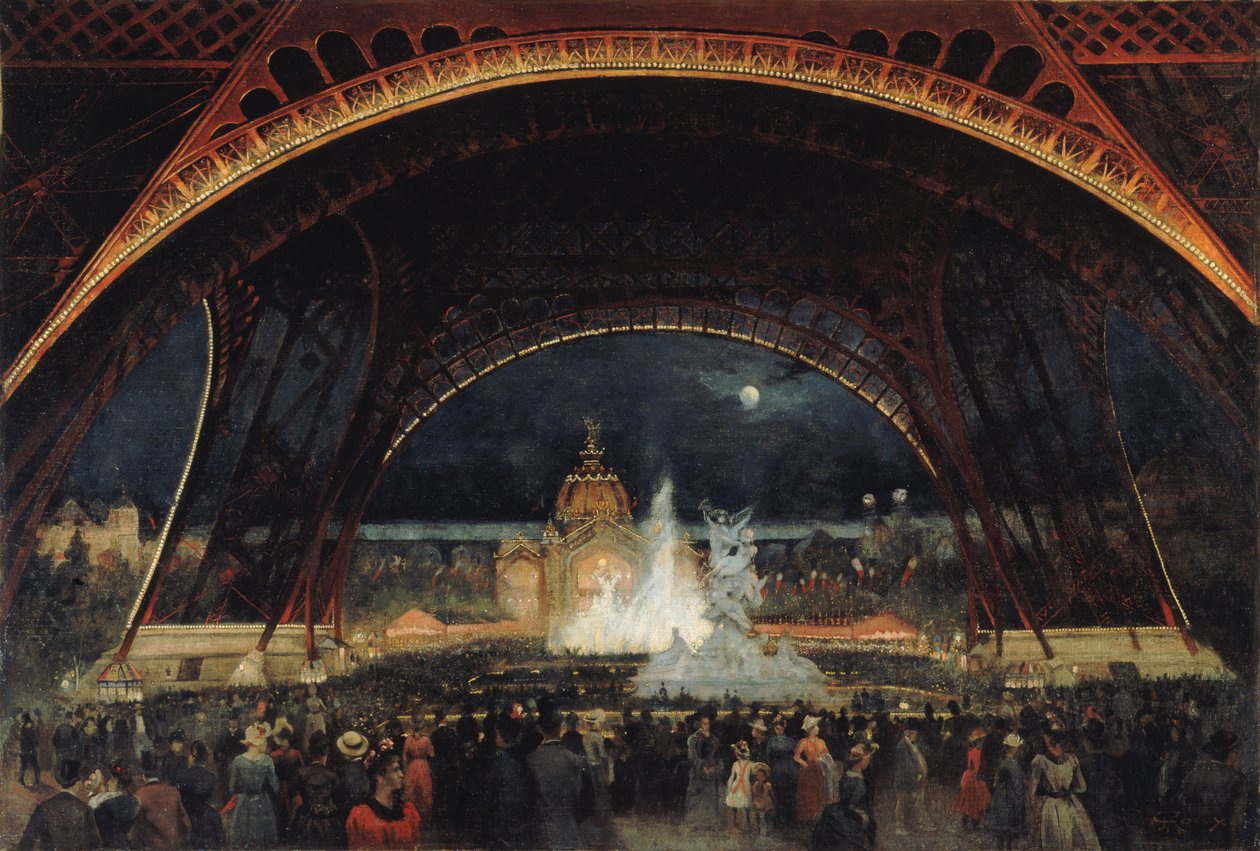 Nachtfest auf der Weltausstellung von 1889, unter dem Eiffelturm, ca. 1889 von George Roux