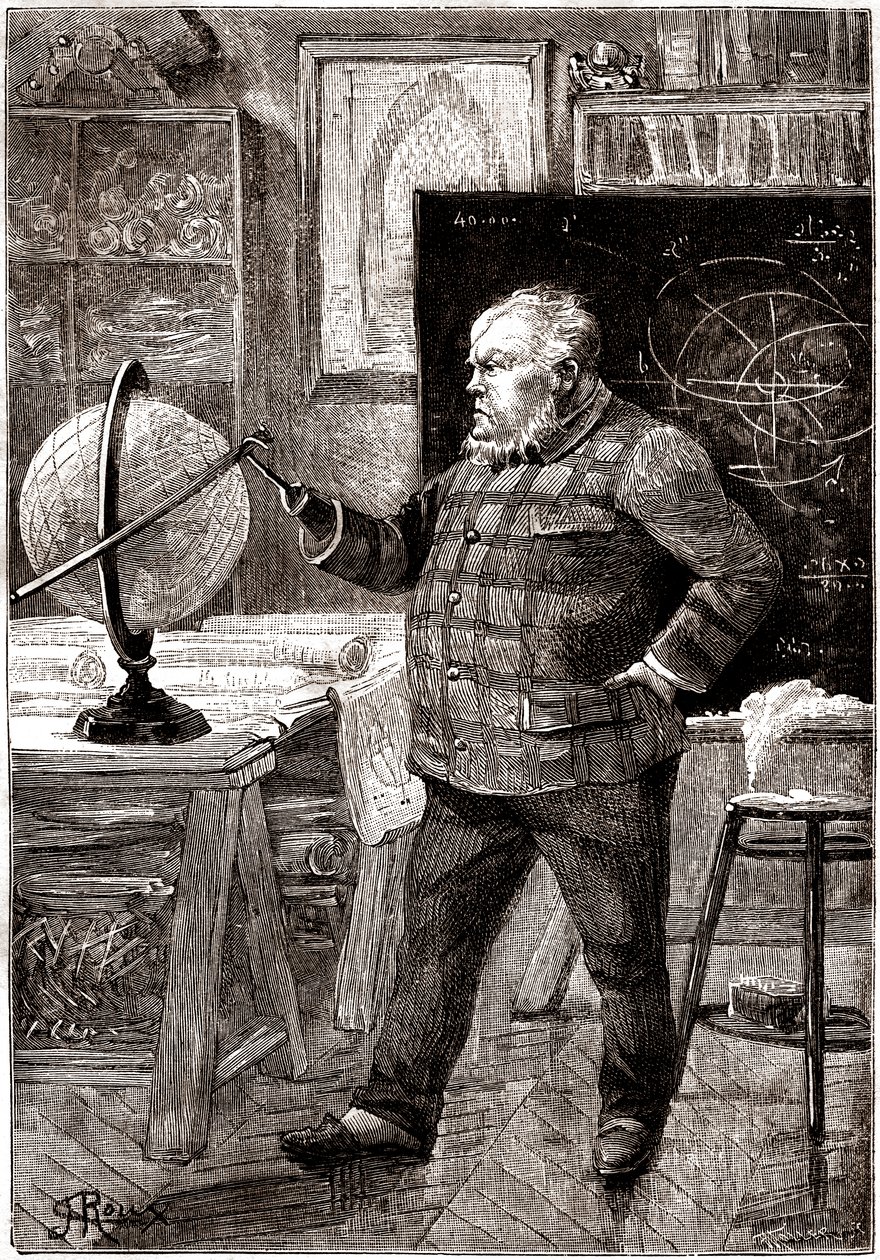 J. T. Maston, Mathematiker und Abenteurer, Sekretär des Gun-Clubs, Hauptfigur in Jules Vernes Roman "Sans dessus dessous", Sammlung Hetzel / voyages extraordinaires 1889. Zeichnung von George Roux. von George Roux