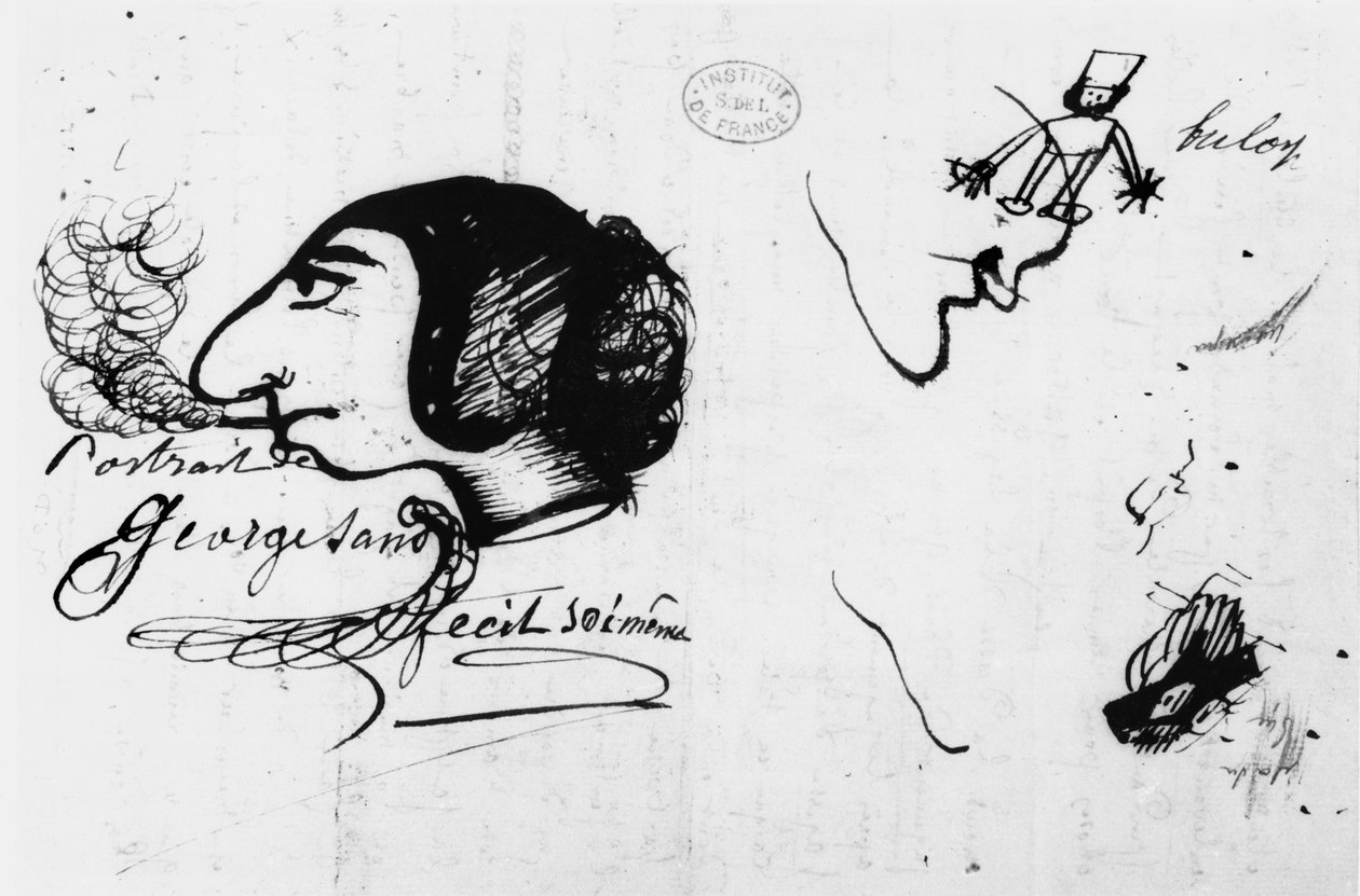 George Sand rauchend (1804-76) karikiert von ihr selbst von George Sand