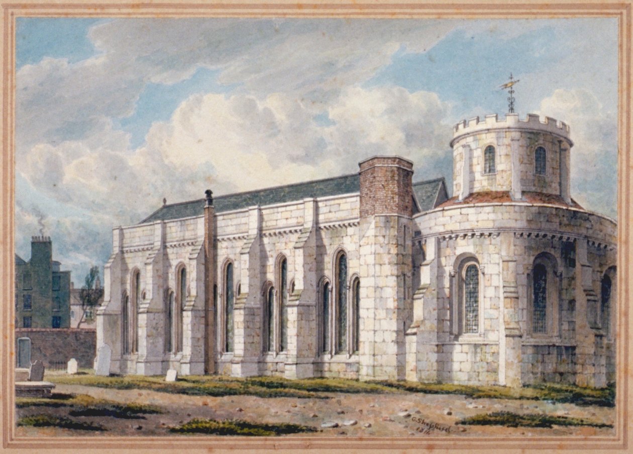 Ansicht der Temple Church vom Friedhof aus, City of London, 1811 von George Shepherd
