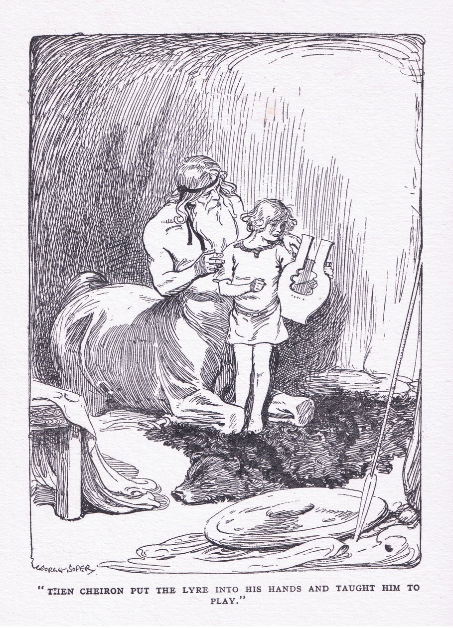 Der Cheiron legte ihm die Leier in die Hände und brachte ihn zum Spielen, aus The Heroes, veröffentlicht von George Allen und Unwin 1929 von George Soper