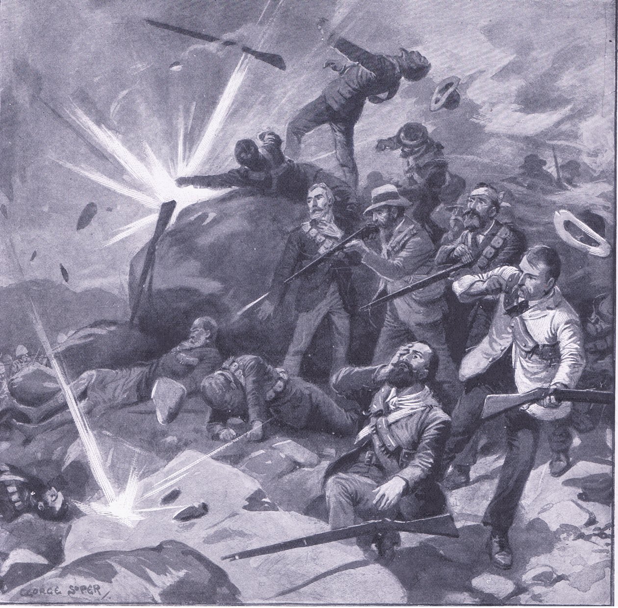 Der letzte Widerstand der Polizei von Johannesburg bei Bergendal, Illustration aus After Pretoria: The Guerilla War, 1902 von George Soper