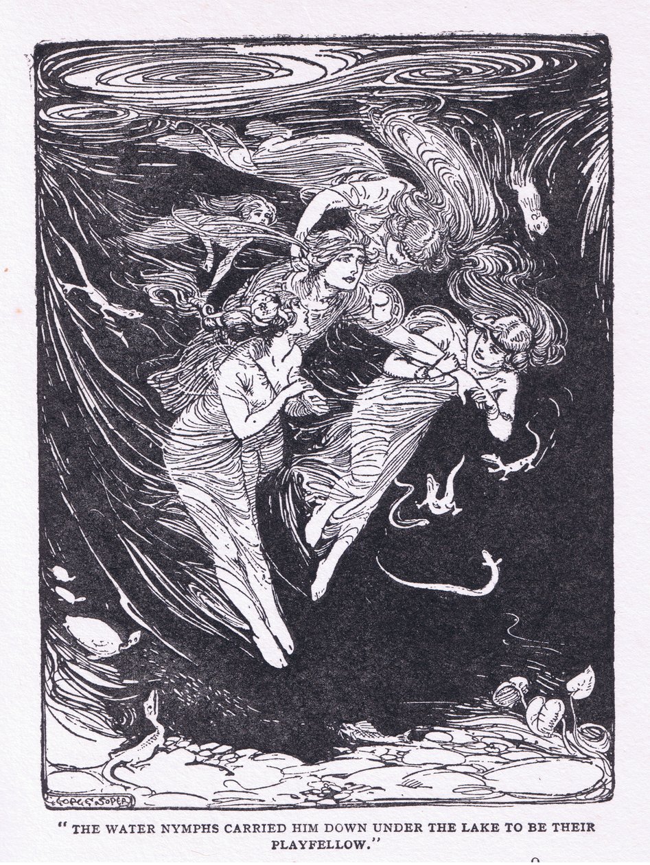Die Wassernymphen trugen ihn zum See hinunter zu ihrem Spielgefährten, aus Die Helden, veröffentlicht von George Allen und Unwin 1929 von George Soper