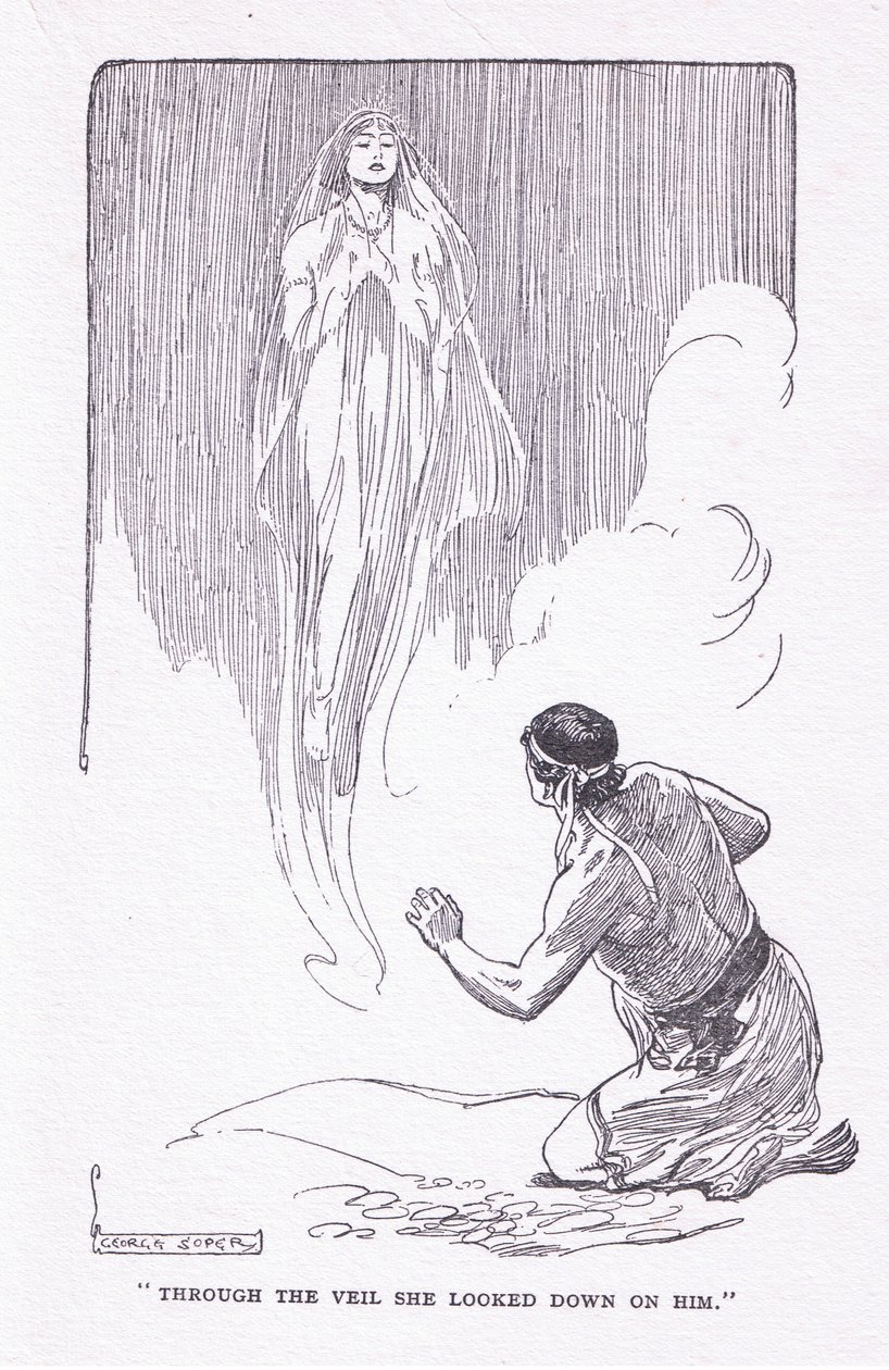 Durch den Schleier sah sie auf ihn herab, aus The Heroes, veröffentlicht von George Allen und Unwin 1929 von George Soper