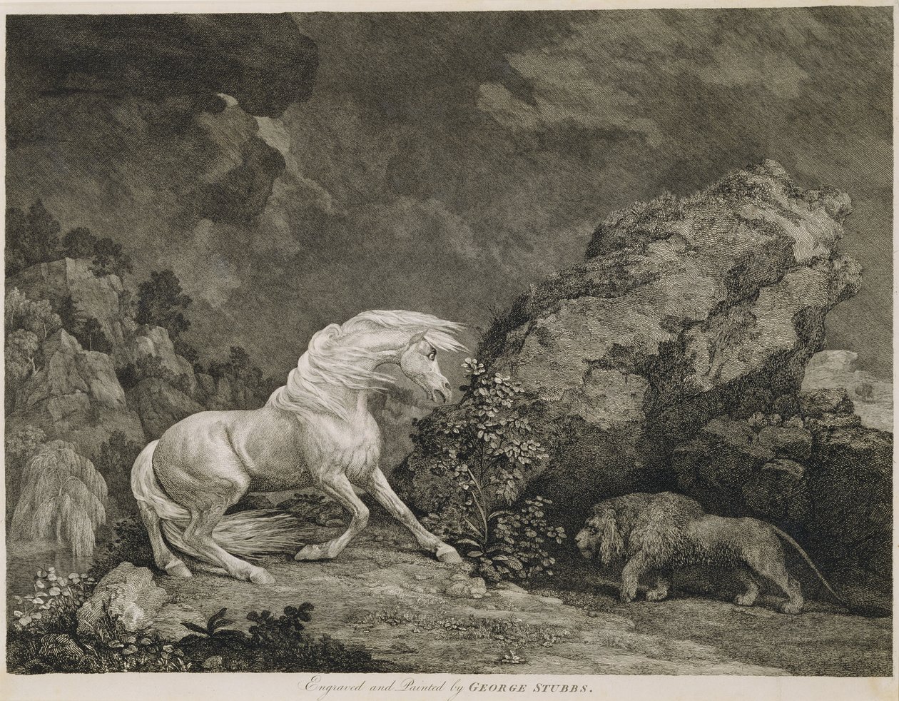 Ein Pferd erschreckt durch einen Löwen, graviert vom Künstler von George Stubbs