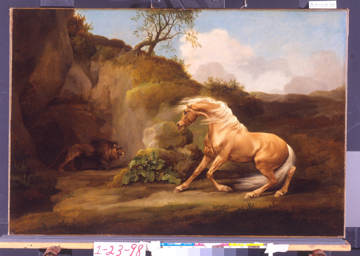 Ein Pferd erschreckt sich vor einem Löwen, ca. 1790-5 von George Stubbs