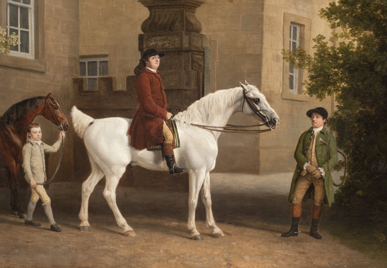 (Detail) William Henry Cavendish Bentinck, 3. Herzog von Portland vor den Reitställen der Welbeck Abbey, 1766-7 von George Stubbs