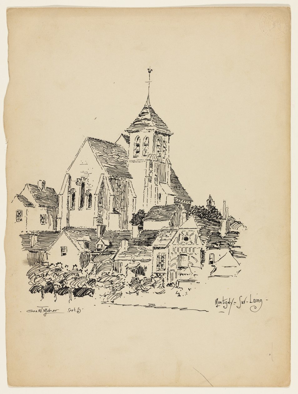 Kirche in Montigny-Sur-Loing, Frankreich, Reiseskizze von George Washington Maher
