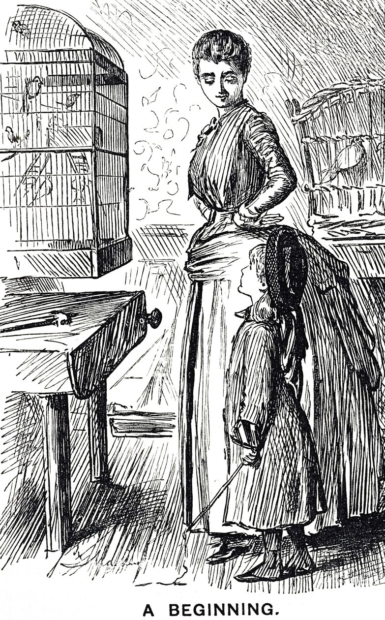 Karikatur, die die Beliebtheit von Käfigvögeln in Großbritannien kommentiert von George du Maurier
