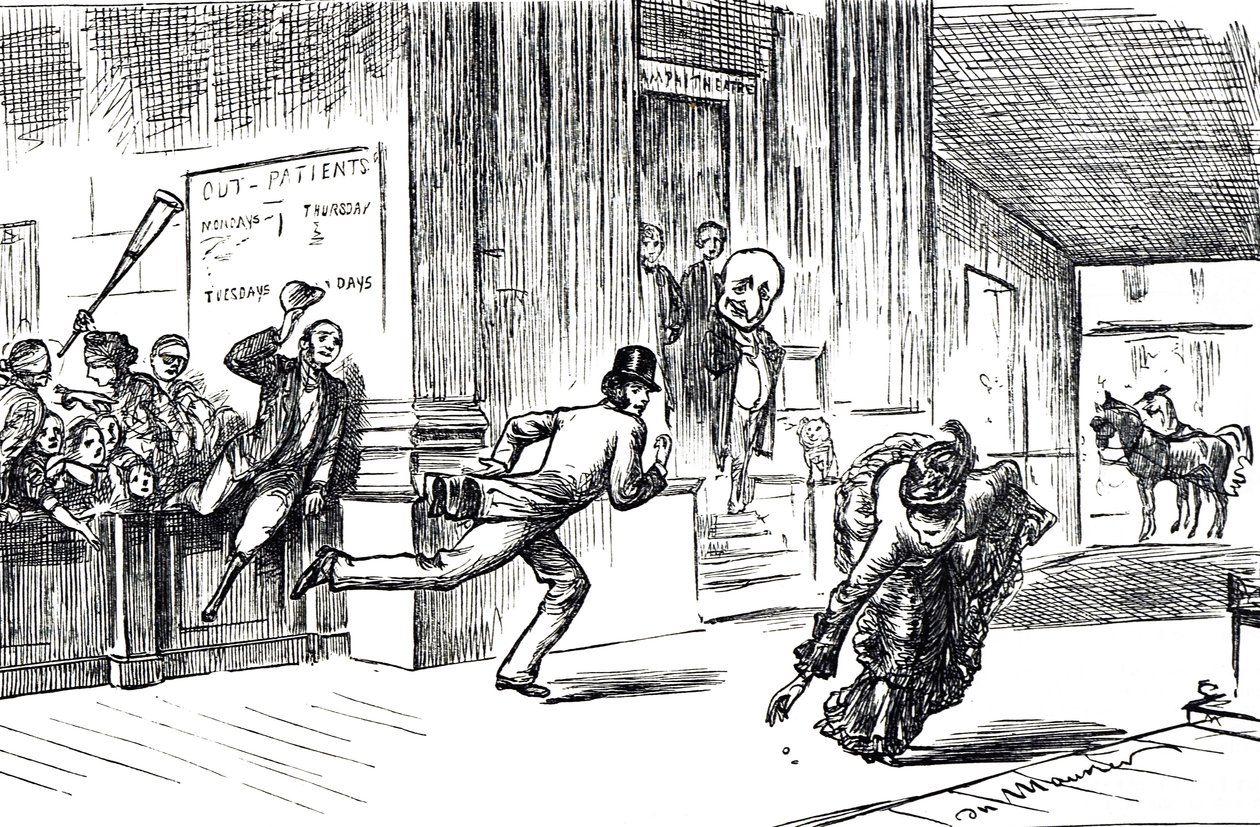 Karikatur von Doktor Meilanion Jones, der im Wettlauf um Patienten von der schönen Doktorin Atlanta Robinson überholt wird von George du Maurier