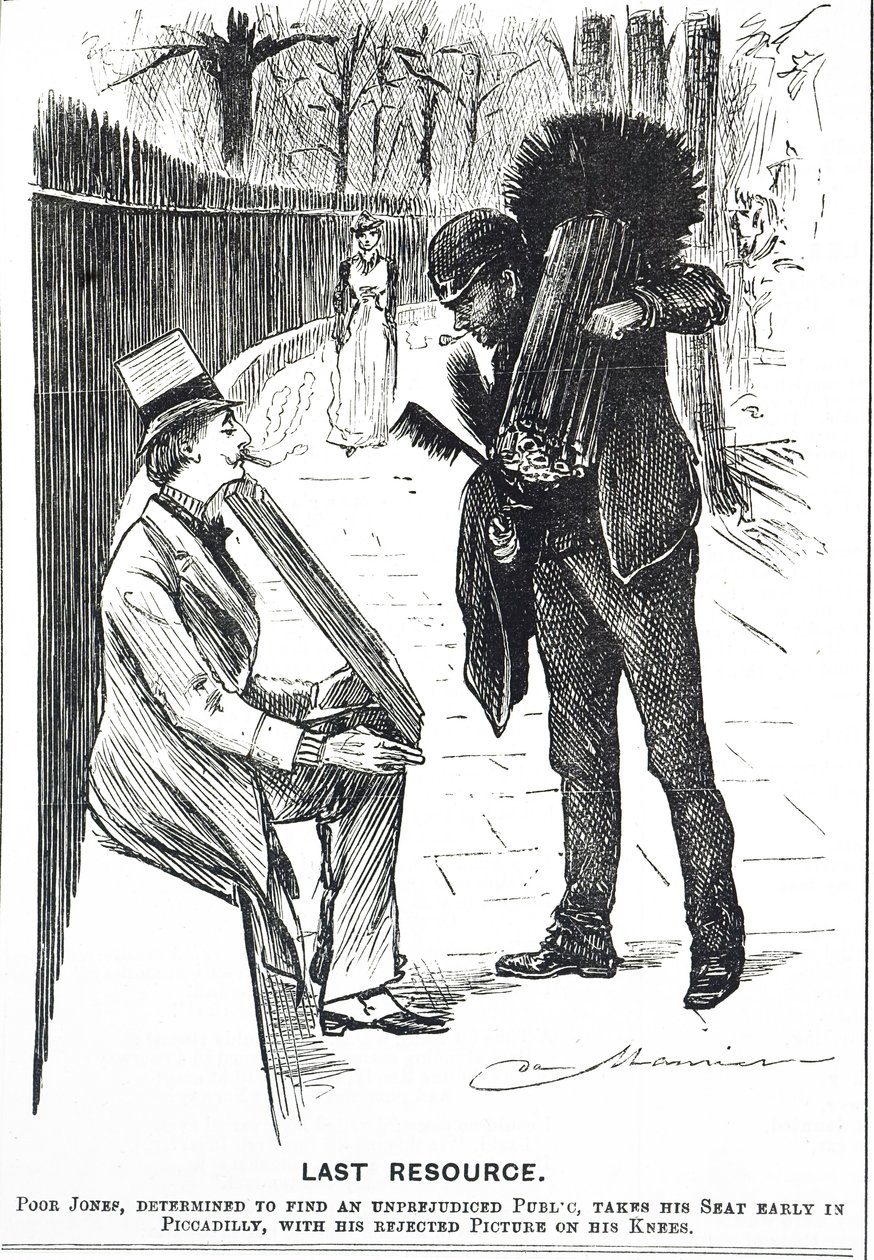 Karikatur, die einen Schornsteinfeger und seine Bürsten zeigt von George du Maurier