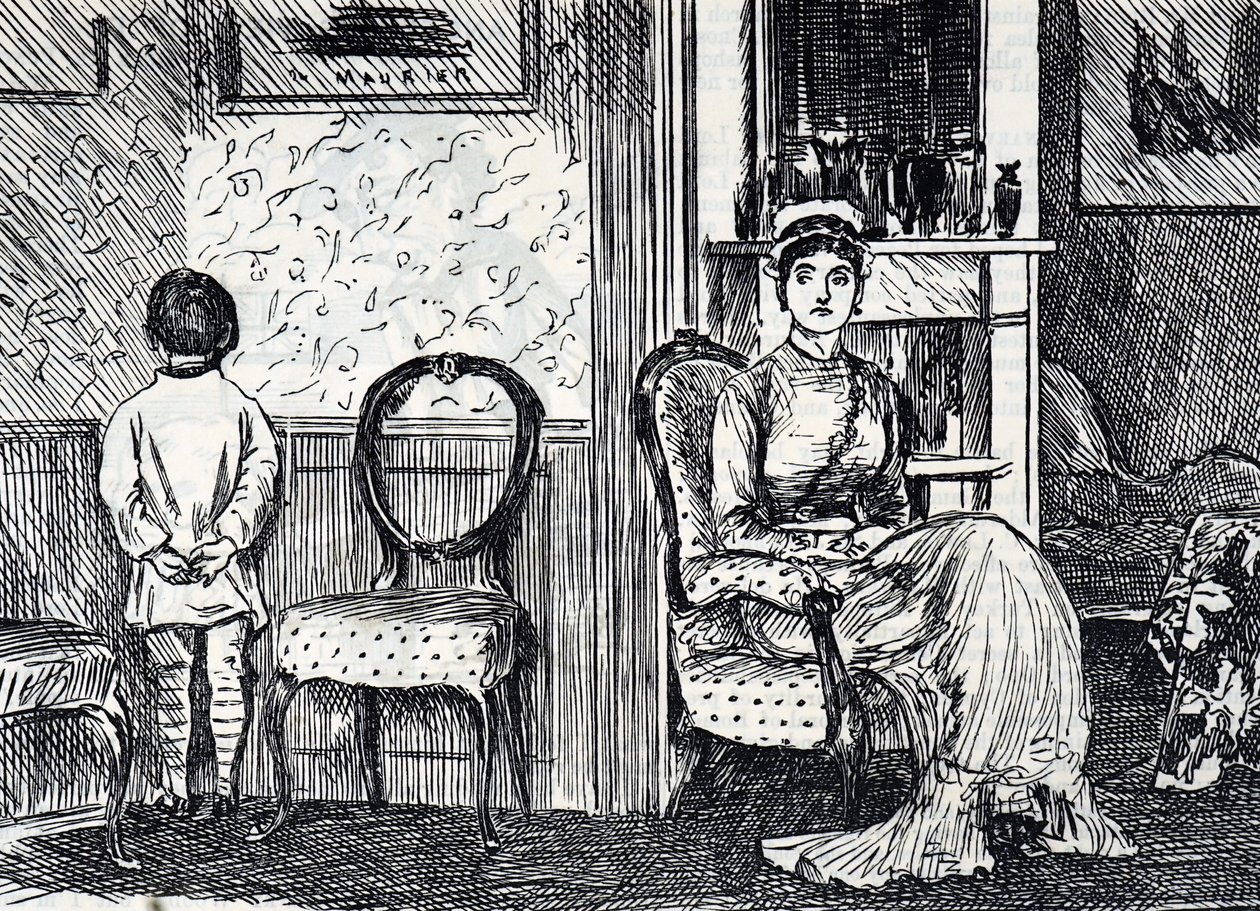 Karikatur, die eine Mutter zeigt, die ihren Sohn bestraft, indem sie ihn dazu bringt, zur Wand zu stehen von George du Maurier