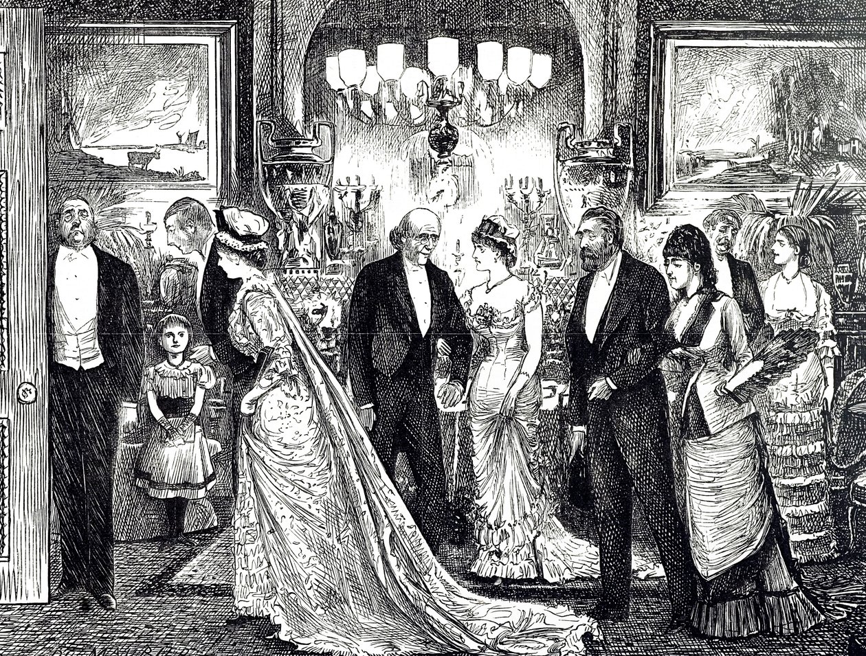 Karikatur, die eine elegante Soirée in einem viktorianischen Haus zeigt von George du Maurier