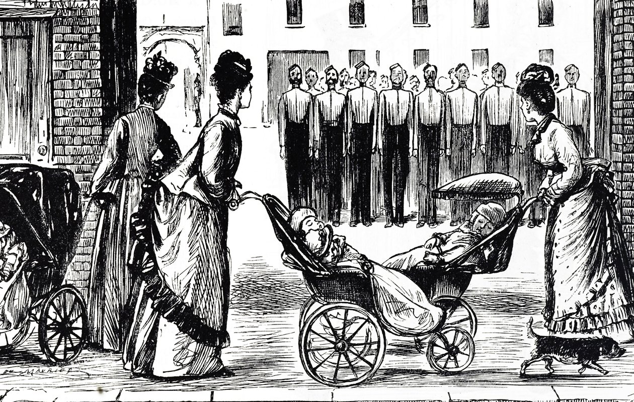 Karikatur, die Kindermädchen zeigt, die ihre Kinderwagen an den Kasernen vorbeischieben von George du Maurier