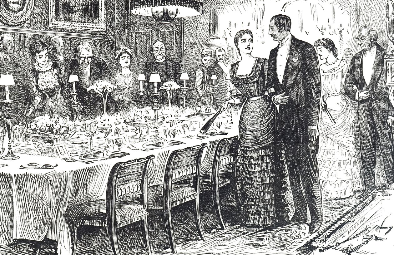 Karikatur mit dem Titel "Zum Abendessen gehen" zeigt ein junges Paar, das einen Speisesaal betritt von George du Maurier
