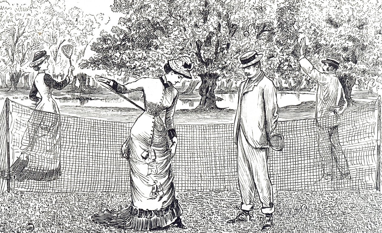 Gravur, die eine Tennisspielerin zeigt, die wegen ihrer neuen Gummischuhe Unbehagen empfindet von George du Maurier
