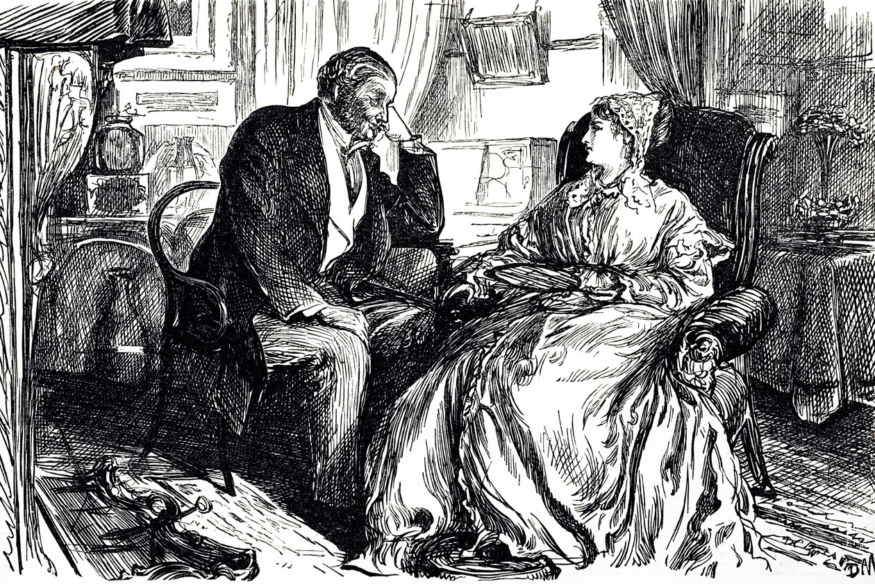 Georges du Maurier Karikatur, die ein Gespräch zwischen einem Mann und einer Frau über die beruhigenden Vorteile von Lebertran illustriert. England 1869 von George du Maurier