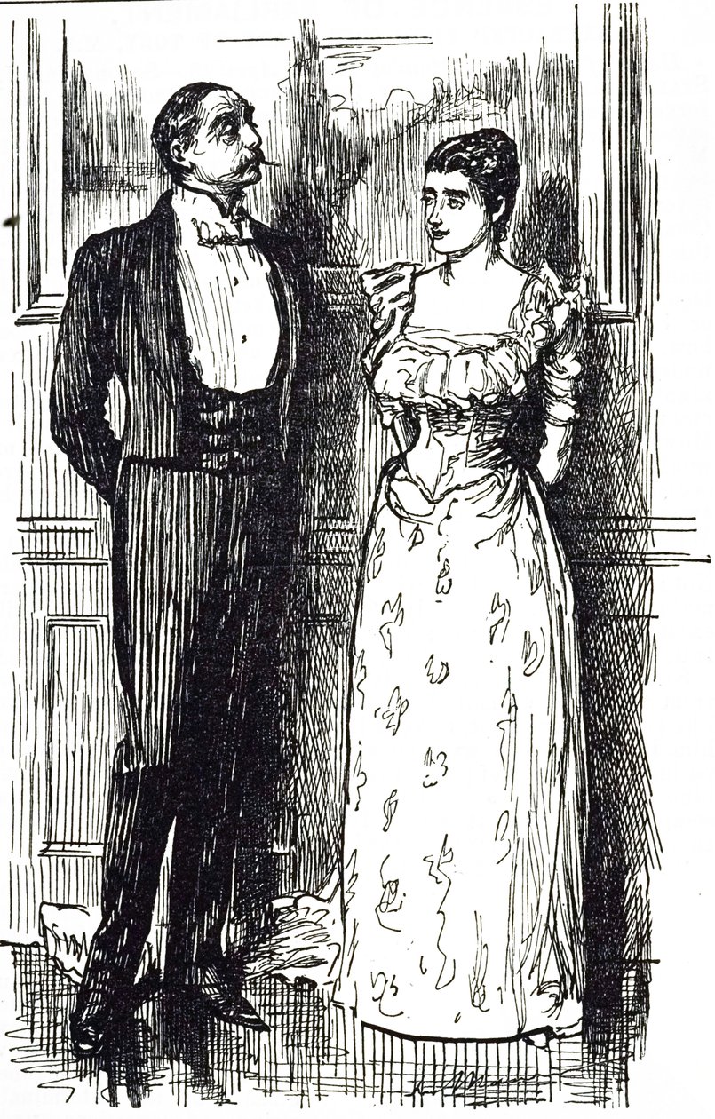 Georges du Maurier Karikatur, die einen Mann und eine Frau im Gespräch bei einer gesellschaftlichen Veranstaltung zeigt, England 1891 von George du Maurier