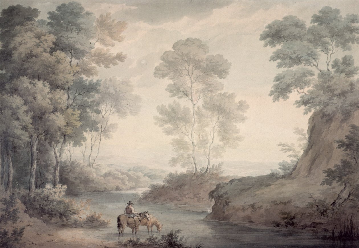 Landschaft mit Fluss und Pferden beim Tränken von George the Elder Barret