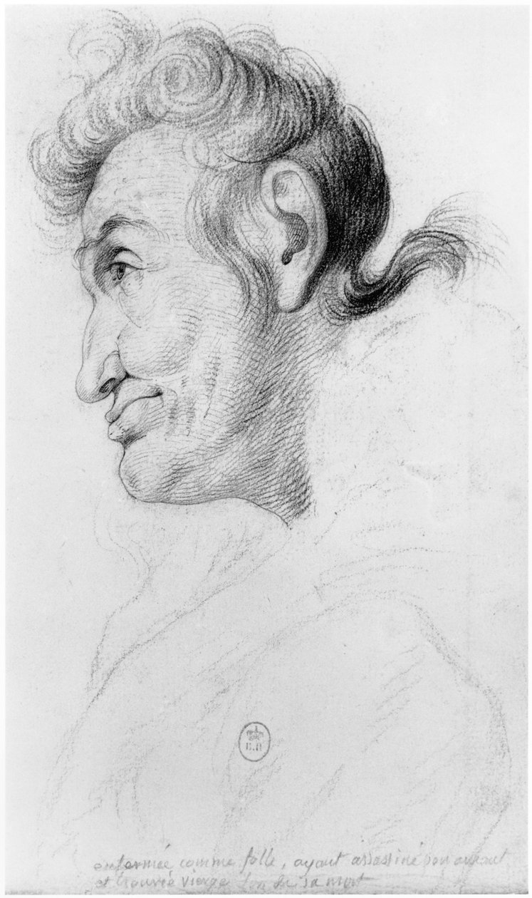 Eingesperrt als Verrückte, nachdem sie ihren Liebhaber ermordet hatte und bei ihrem Tod als Jungfrau gefunden wurde, Illustration aus einem unveröffentlichten Traktat von Jean Etienne Dominique Esquirol (1772-1840) über die Verrückten der Salpêtrière von Georges Francois Gabriel