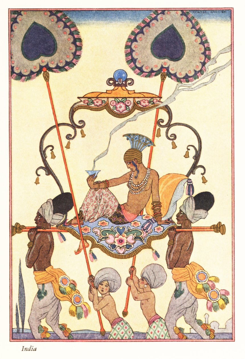 Eine adlige Frau verbrennt Weihrauch in einer Sänfte, altes Indien 1928 von Georges Barbier