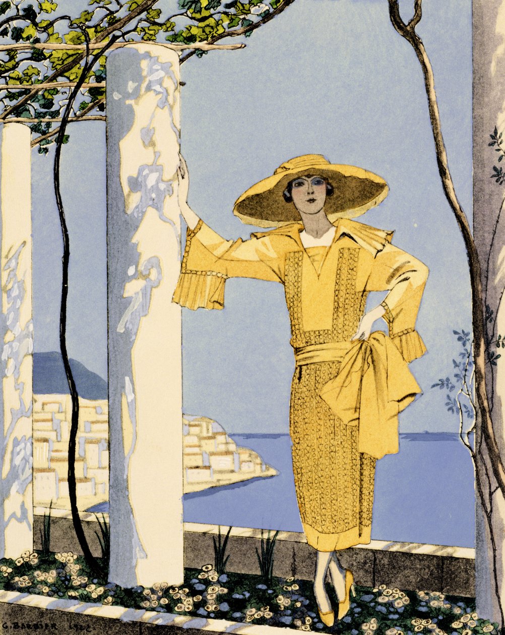Amalfi, Illustration einer Frau in einem gelben Kleid von Worth von Georges Barbier