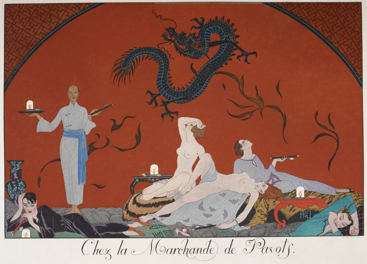 Chez la Marchande de Pasots. Menschen, einige nackt, liegen in einem Raum. Chinesische Dekoration. von Georges Barbier
