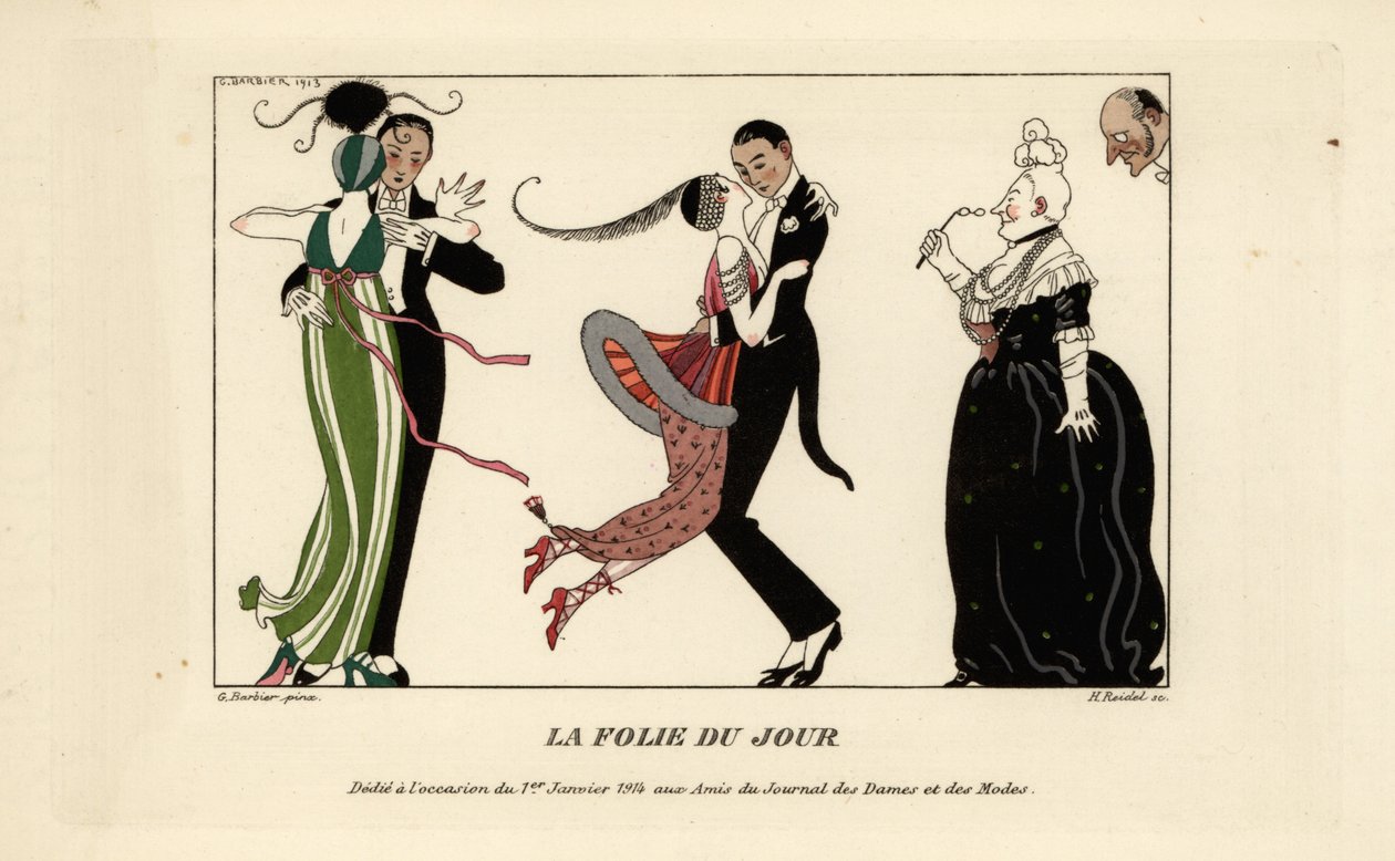 Modische Paare tanzen energisch auf einem Ball von Georges Barbier