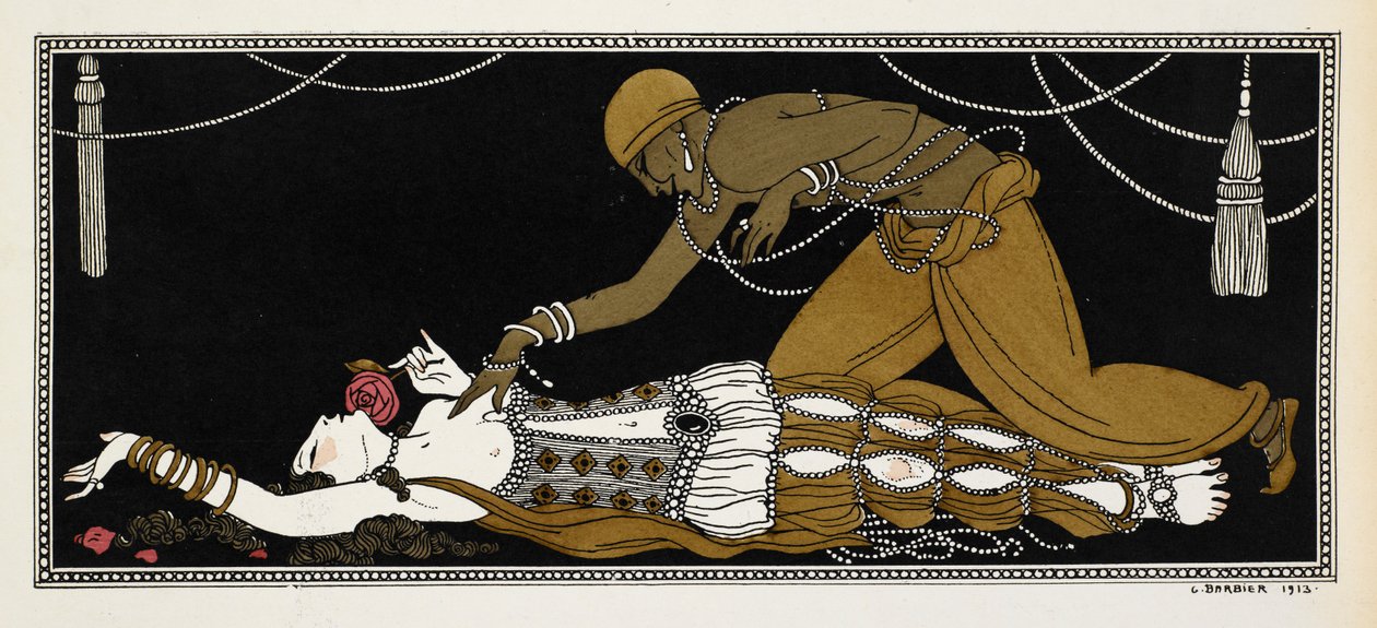 Nijinsky als der goldene Sklave in Sheherazade, einer symphonischen Suite, komponiert von Nikolai Rimsky-Korsakov im Jahr 1888. Sheherazade liegt hier auf ihrem Sterbebett, der goldene Sklave beugt sich über sie von Georges Barbier