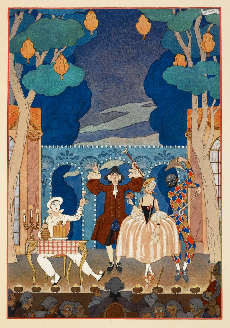 Pantomime. Pierrot und Harlekin. Ein Mann und eine hübsche Frau. Alles auf einer Bühne. von Georges Barbier