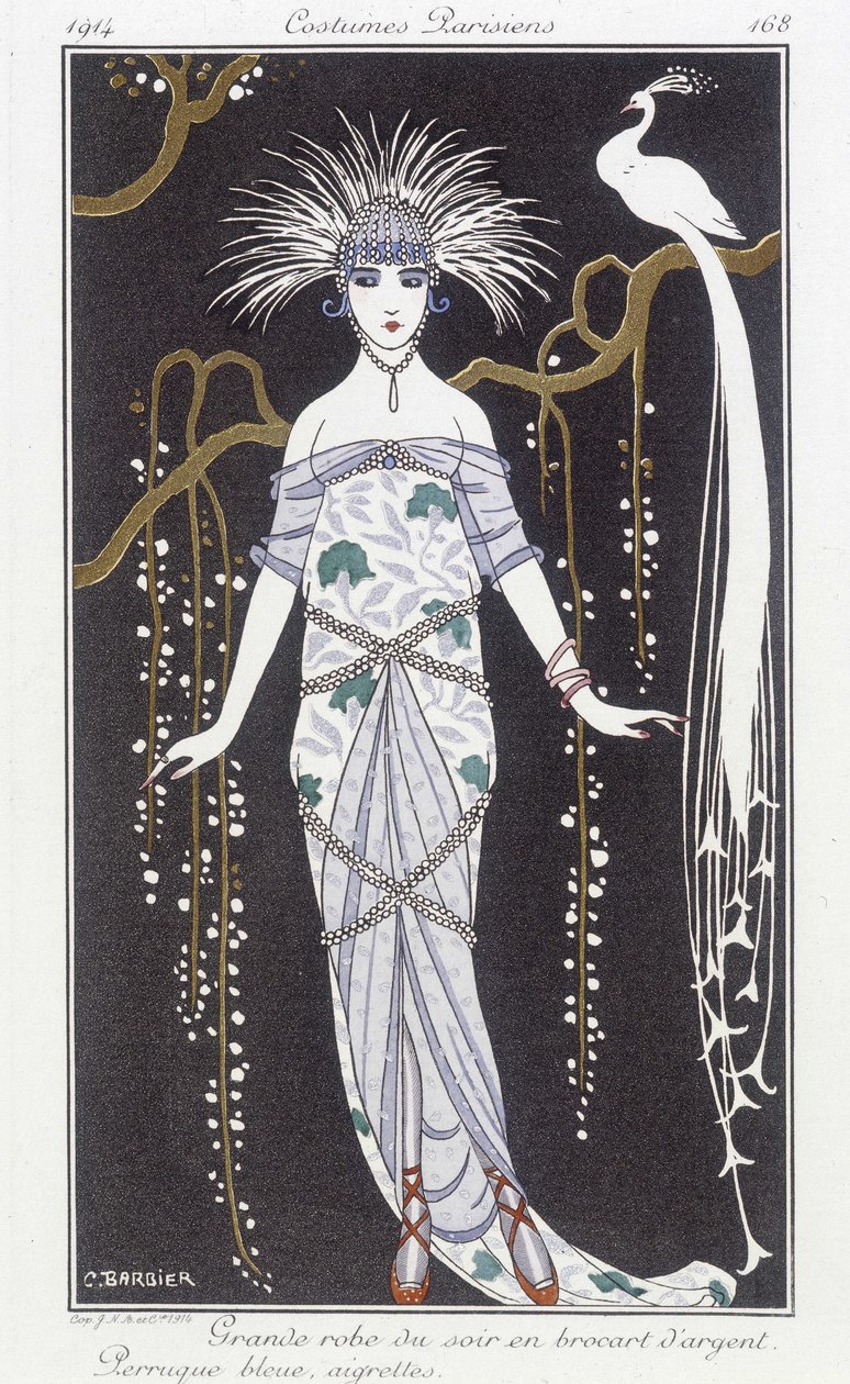 Silberbrokat-Abendkleid und Perücke - Illustration von George Barbier (1882-1932) in „Journal des dames et des modes: Costumes Parisiens“ von Georges Barbier