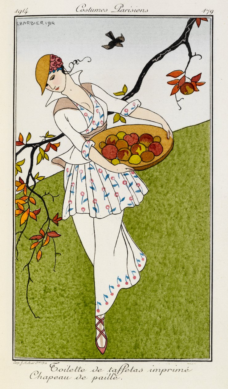 Seidenkleid mit Strohhut. Pariser Kostüme Nr. 179. Eine Frau trägt ein bedrucktes Seidenkleid und einen Strohhut. Sie trägt eine Schale mit Obst. von Georges Barbier