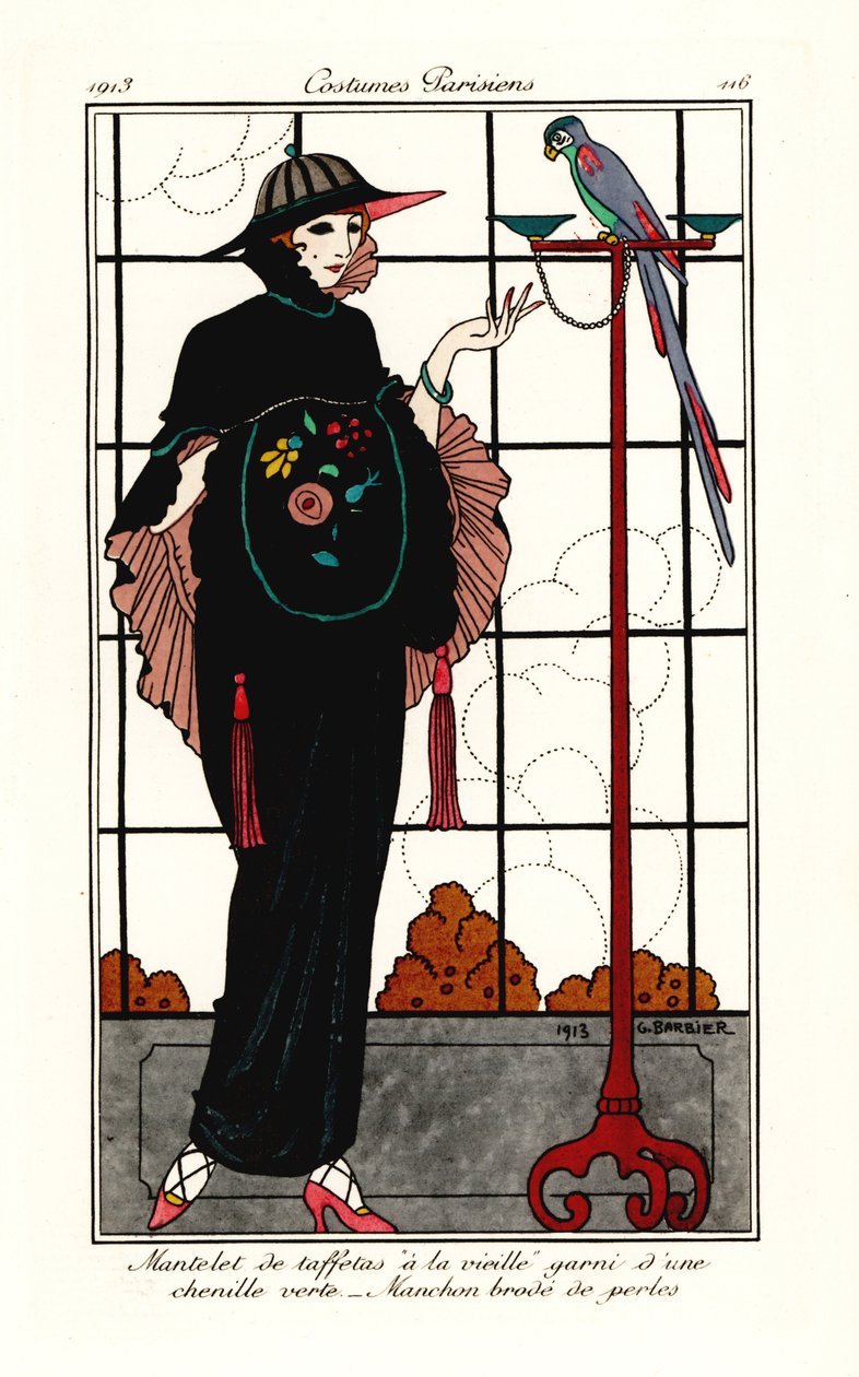 Frau in einem alten Taftumhang mit einem Papagei von Georges Barbier