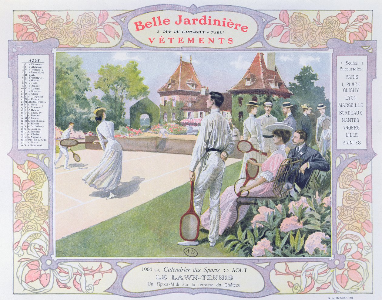 Rasen-Tennis, Illustration für August aus einem Kalender für das Bekleidungsgeschäft 