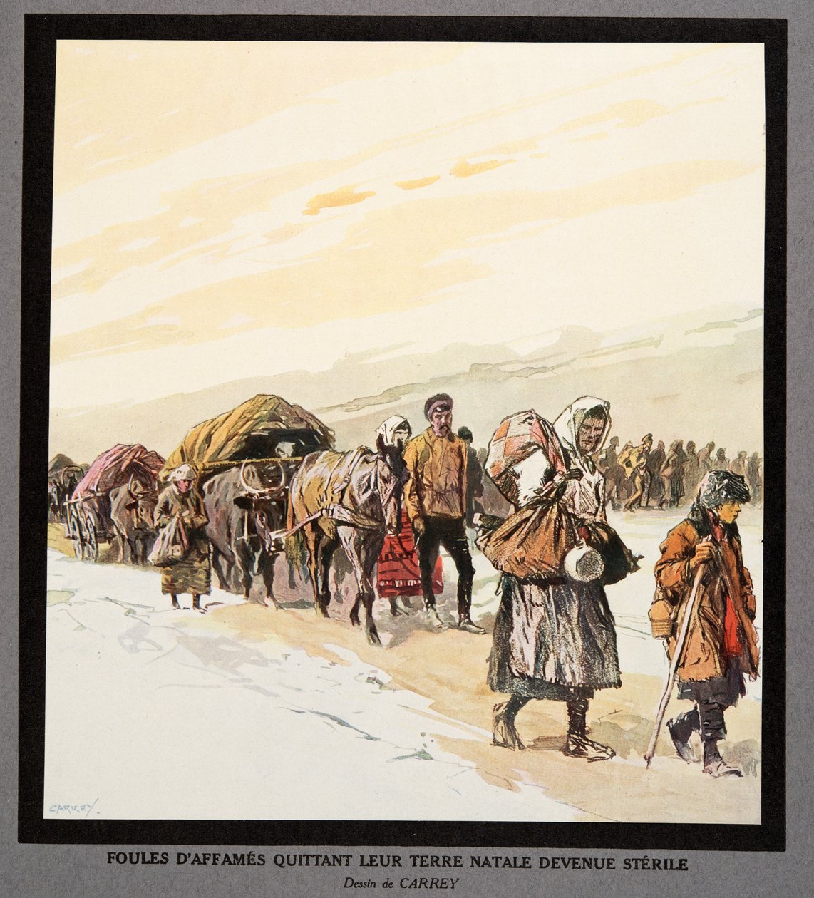 Exodus hungriger Menschen aus ihrer Heimat, aus Histoire des Soviets, veröffentlicht 1922 von Georges Carrey