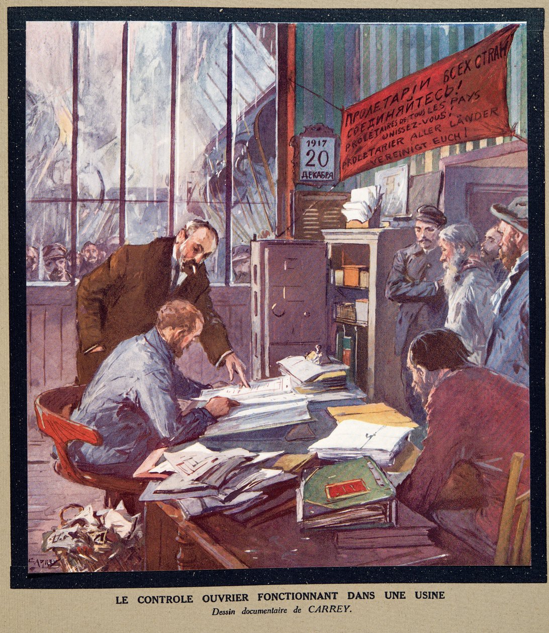 Arbeiterkontrolle in einer sowjetischen Fabrik zur Zeit der Revolution 1917, aus Histoire des Soviets, veröffentlicht 1922 von Georges Carrey
