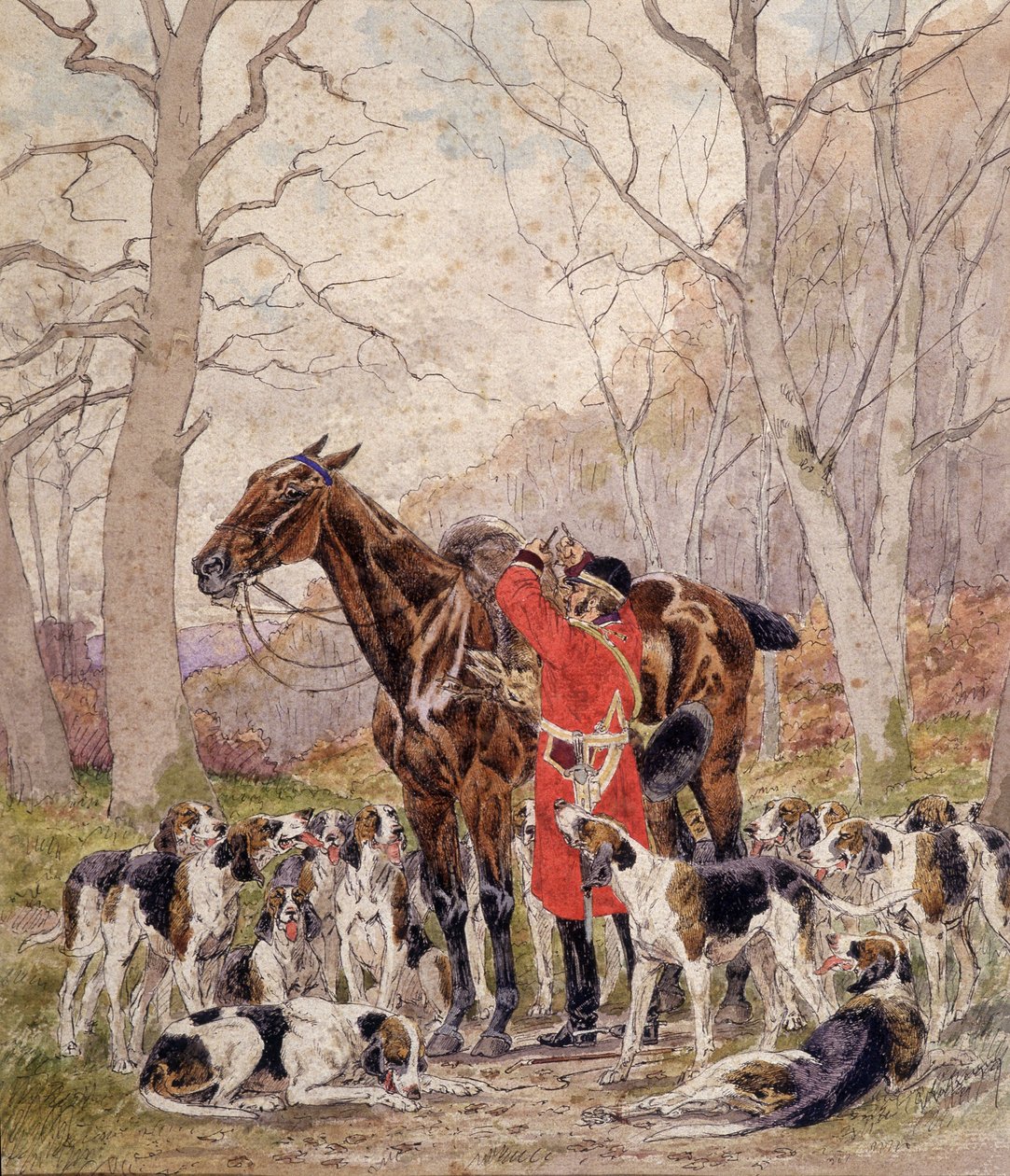 Verladen eines während einer Pferdejagd erlegten Hirsches - Zeichnung von Georges La Roque, um 1900 von Georges La Roque