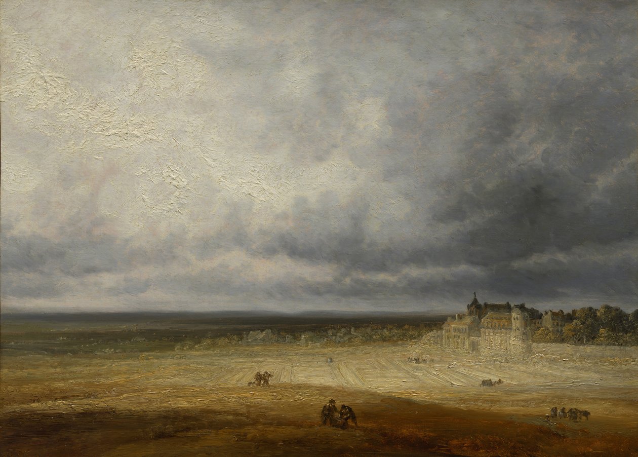 Landschaft mit einem gepflügten Feld und einem Dorf, wahrscheinlich nach 1827 von Georges Michel