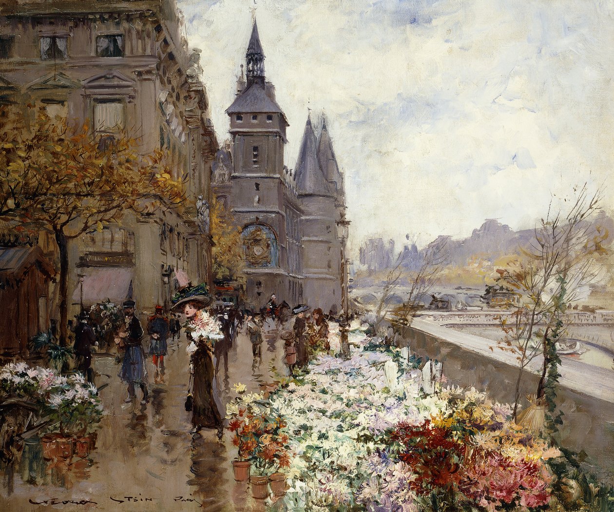 Ein Blumenmarkt entlang der Seine von Georges Stein