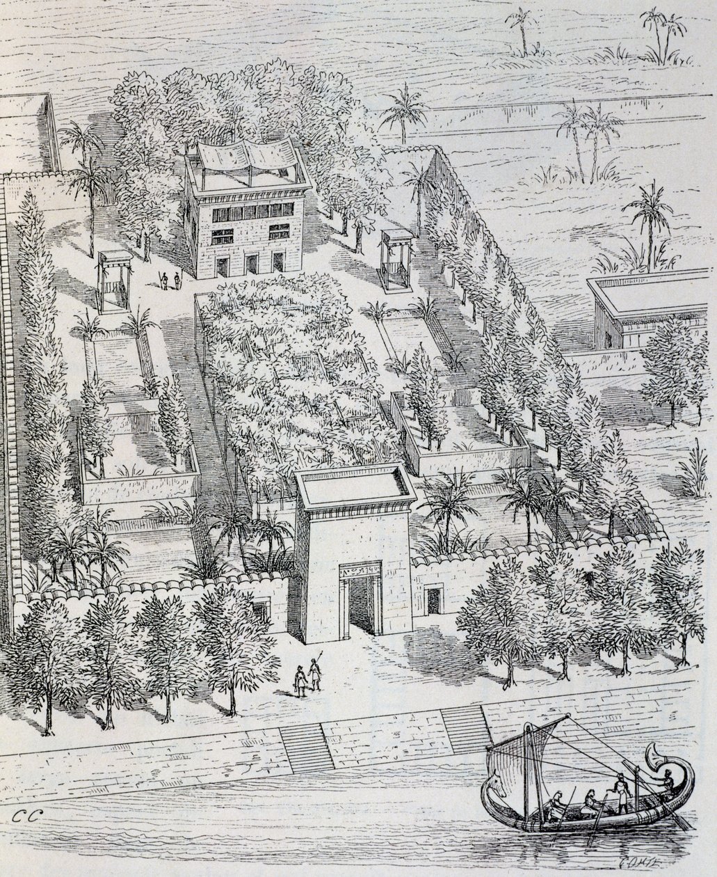 Ansicht einer ägyptischen Villa am Nil, Rekonstruktion von Chipiez, aus Geschichte der Kunst im Altertum (Ägypten, Assyrien, Persien, Kleinasien, Griechenland, Etrurien, Rom) von Georges and Chipiez Charles Perrot