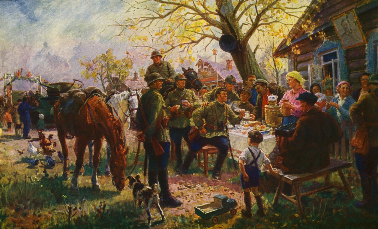 Bei den Manövern. Halt bei den Kollektivbauern von Georgiy Konstantinovich Savitsky