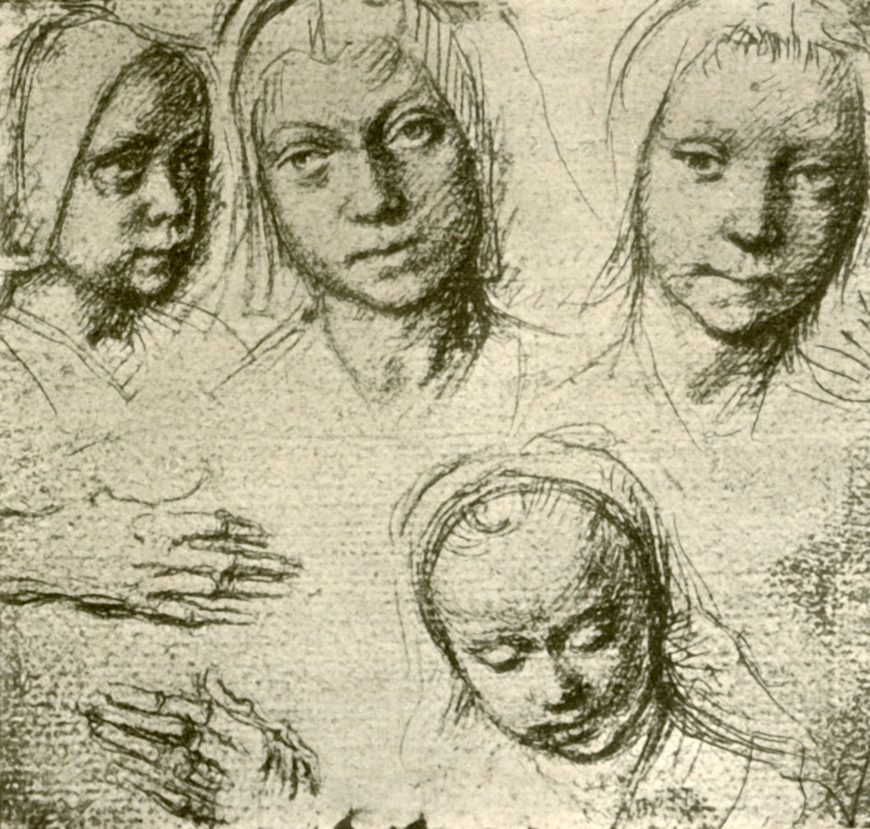 Vier Köpfe eines jungen Mädchens und zwei Hände, um 1500-1505, 1908 von Gerard David