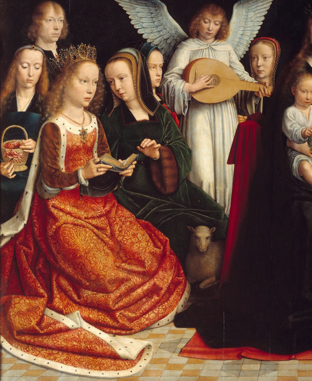 Die Jungfrau unter den Heiligen. Detail von Heiligen: Heilige Dorothee, Heilige Katharina, Heilige Agnes, Heilige Fausta von Gerard David