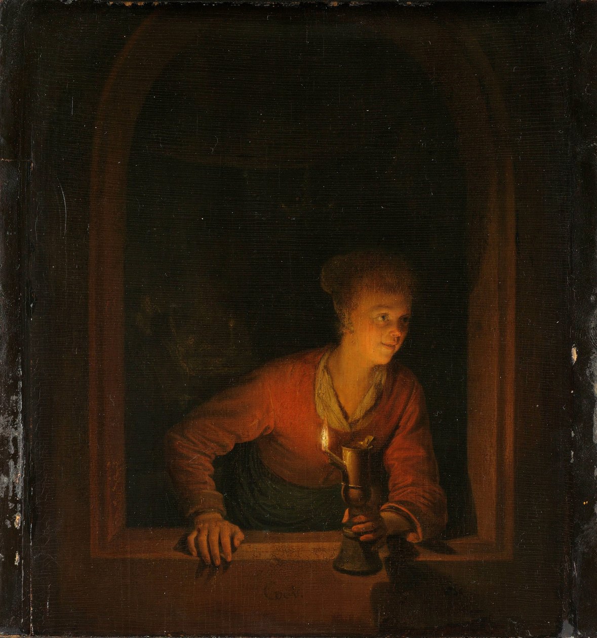 Mädchen mit einer Öllampe am Fenster von Gerrit Dou