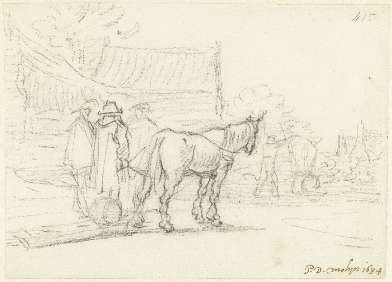Drei Männer neben einem Pferd und Schlitten von Gerard ter Borch (II)