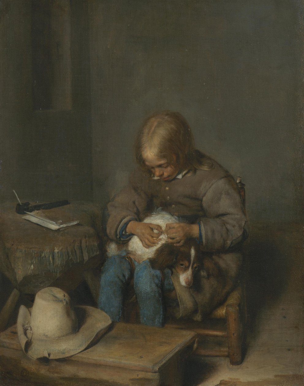 Ein Junge, der Flöhe von einem Hund pflückt von Gerard ter Borch