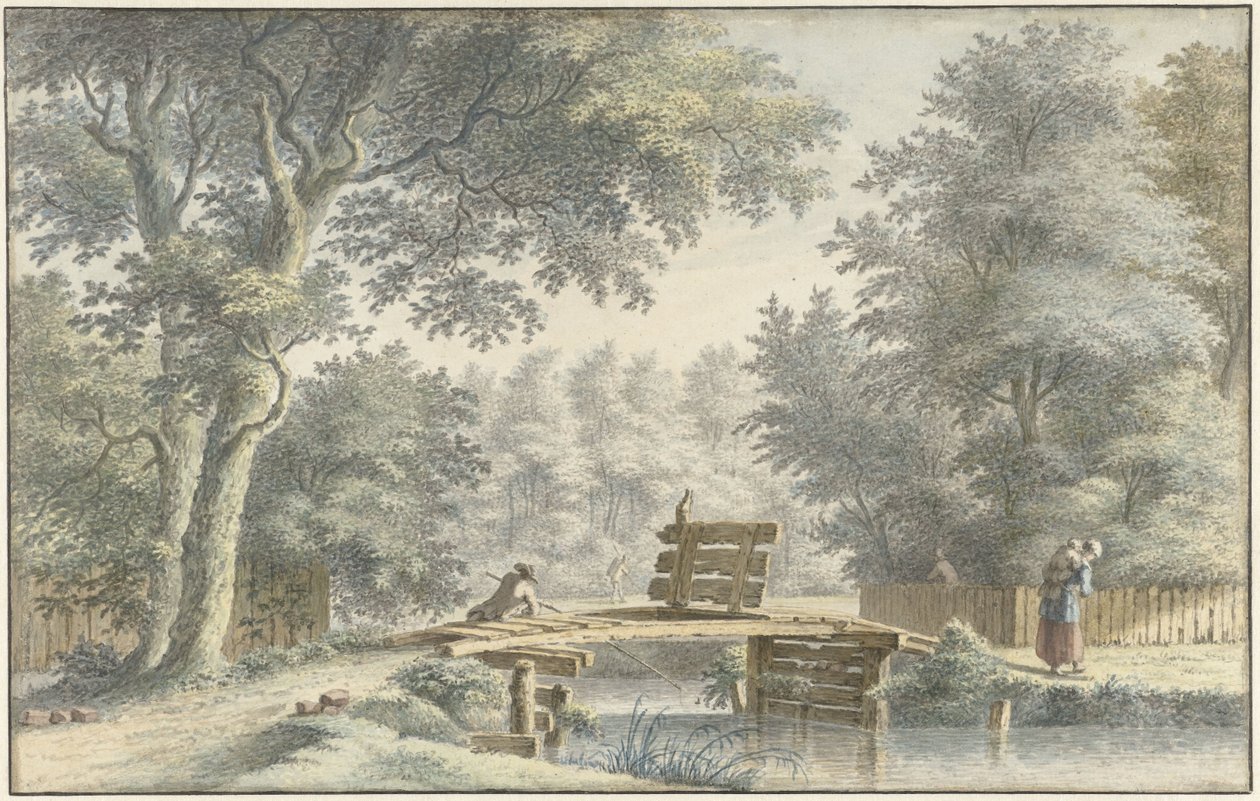 Landschaft mit einer Brücke, auf der ein Angler steht von Gerard van Rossum